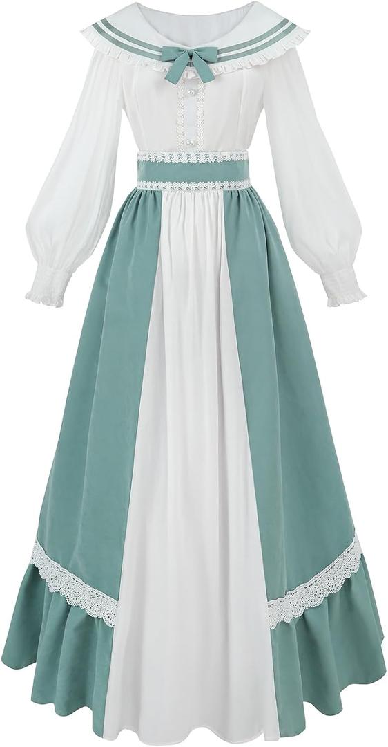 Victorian Dress for Women 2-piece Renaissance Costume Tea Party Ball Gown (Blue, XXL)