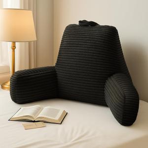 Reading Pillow for Sitting in Bed Adult, Bed Reading Pillow with Shredded Memory Foam, Pillow with Standard Plush Microfiber Cover, Back Pillow for Sitting with Arms and Pockets, Large, Black