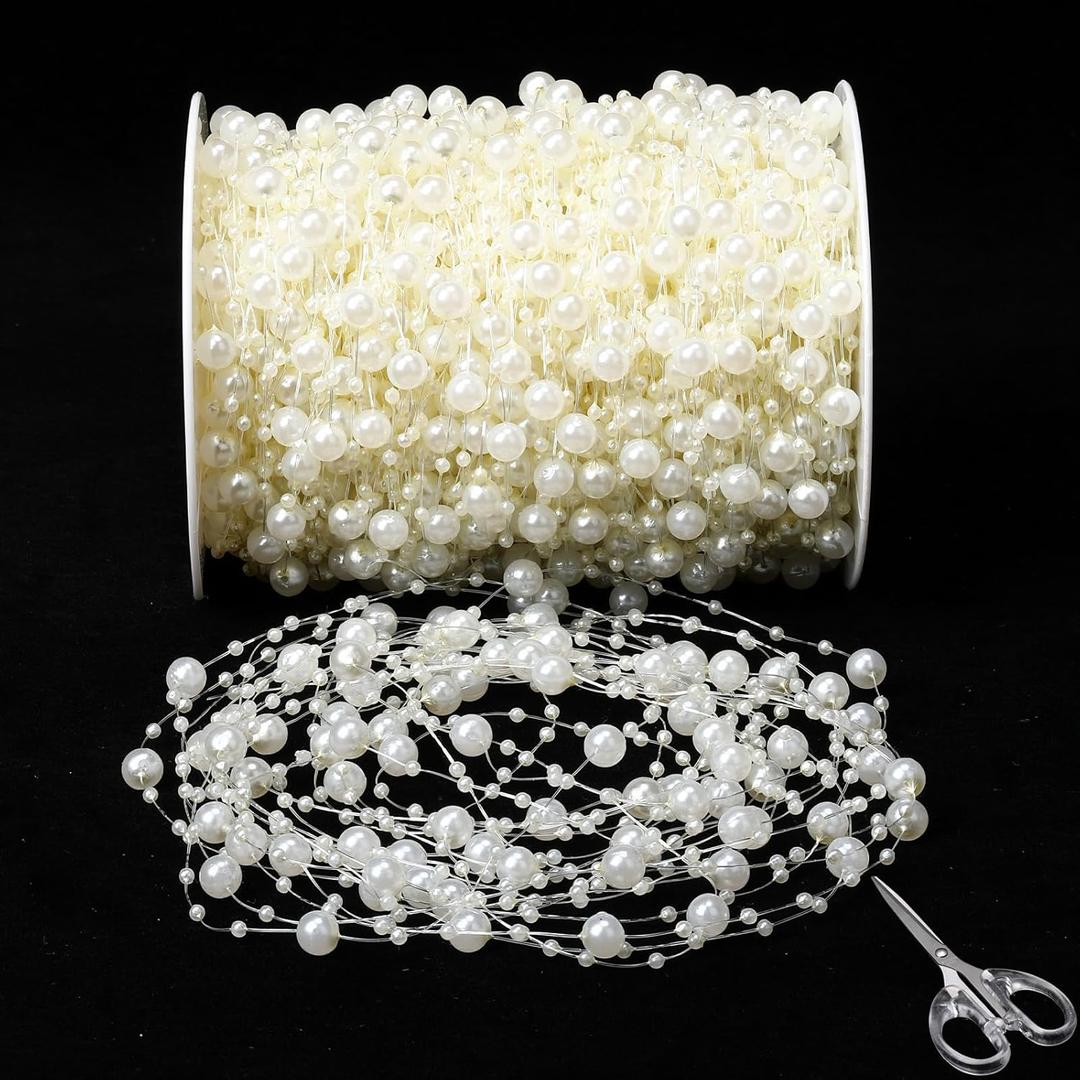 Ferreve 300 ft Acrylic Beige String Beads Roll, 8 mm and 3 mm Mixed Fishing Line Artificial Pearl Garland Christmas Decoration for Home Decor Party Supplies DIY Crafts Wedding Bridal Bouquet