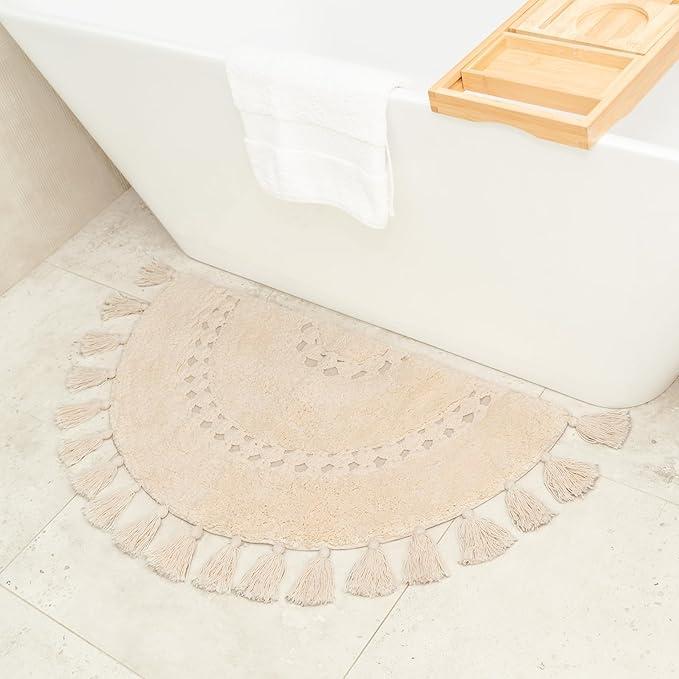 Boho Bathroom Rugs - Half Circle Cotton Mat with Crochet Insert and Tassels - Non-Slip Bohemian Rug for Bath, Bedroom or Entryway - Neutral Cream Decorative Rug - 42x22 Soft Machine Washable (Off White)