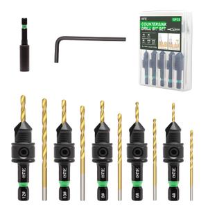 12-PCS Countersink Drill Bit Set, #4#6#8#10#12, 1/4" Hex Shank Counterbore Drill Bits with Magnetic Extension & Hex Key, Adjustable Depth Stop for Wood (Green)