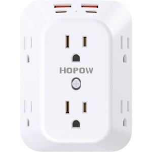 HOPOW Outlet Extender Surge Protector, 6 Outlet Splitter with 4 USB Ports (2 USB C), USB Wall Charger, 3-Sided 1050J Multi Plug Wall Outlet, Wall Mount for Home Travel Office Travel, White
