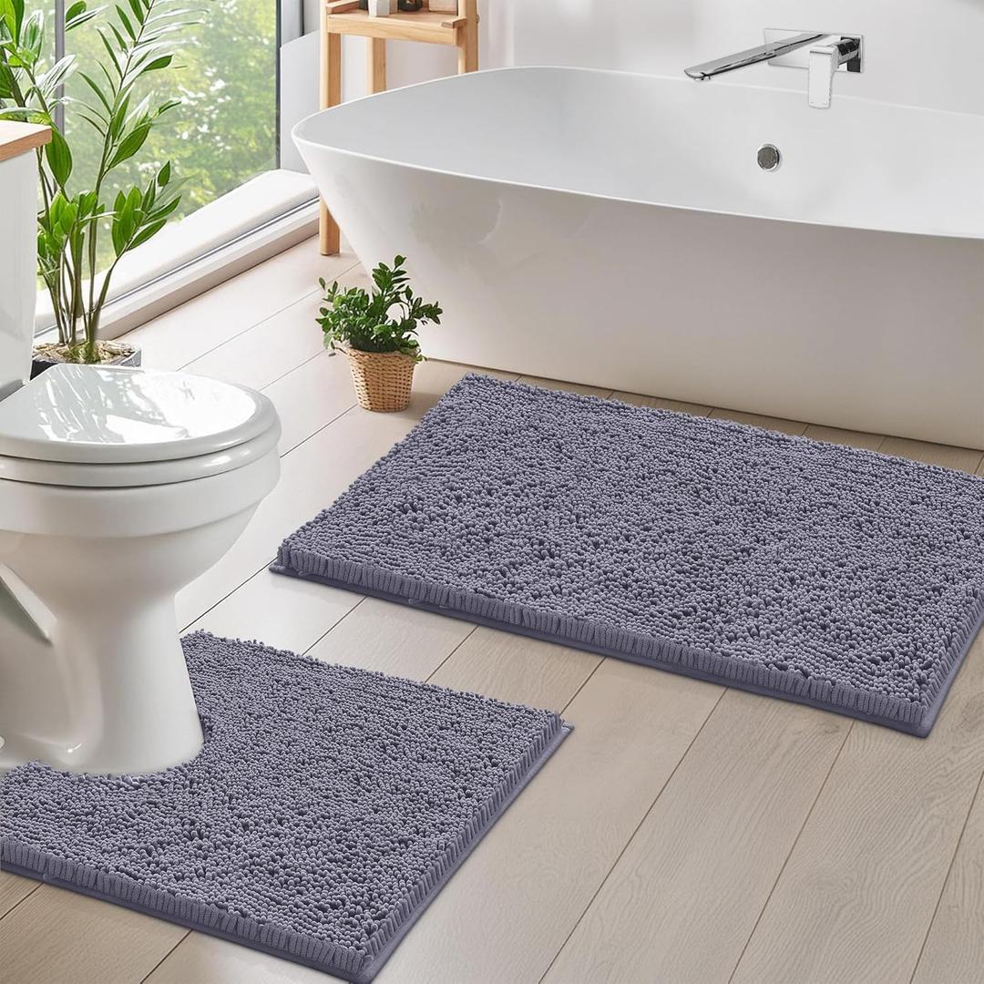 LuxUrux Bathroom Rug Set 2 Piece, Soft Absorbent Cheinlle Microfiber Bath Mat with Contour Toilet Rug, Non-Slip, Machine Wash Dry, Plush Shaggy Mats for Bathroom (20"x 30"+20"x 20" U-Shaped Gray) (Dark Grey)