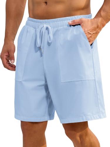 LIFROWI Men's Shorts Casual Cotton Linen Shorts Golf Elastic Waist Drawstring Loose Fit Summer Beach Outfits Size M, Light Blue