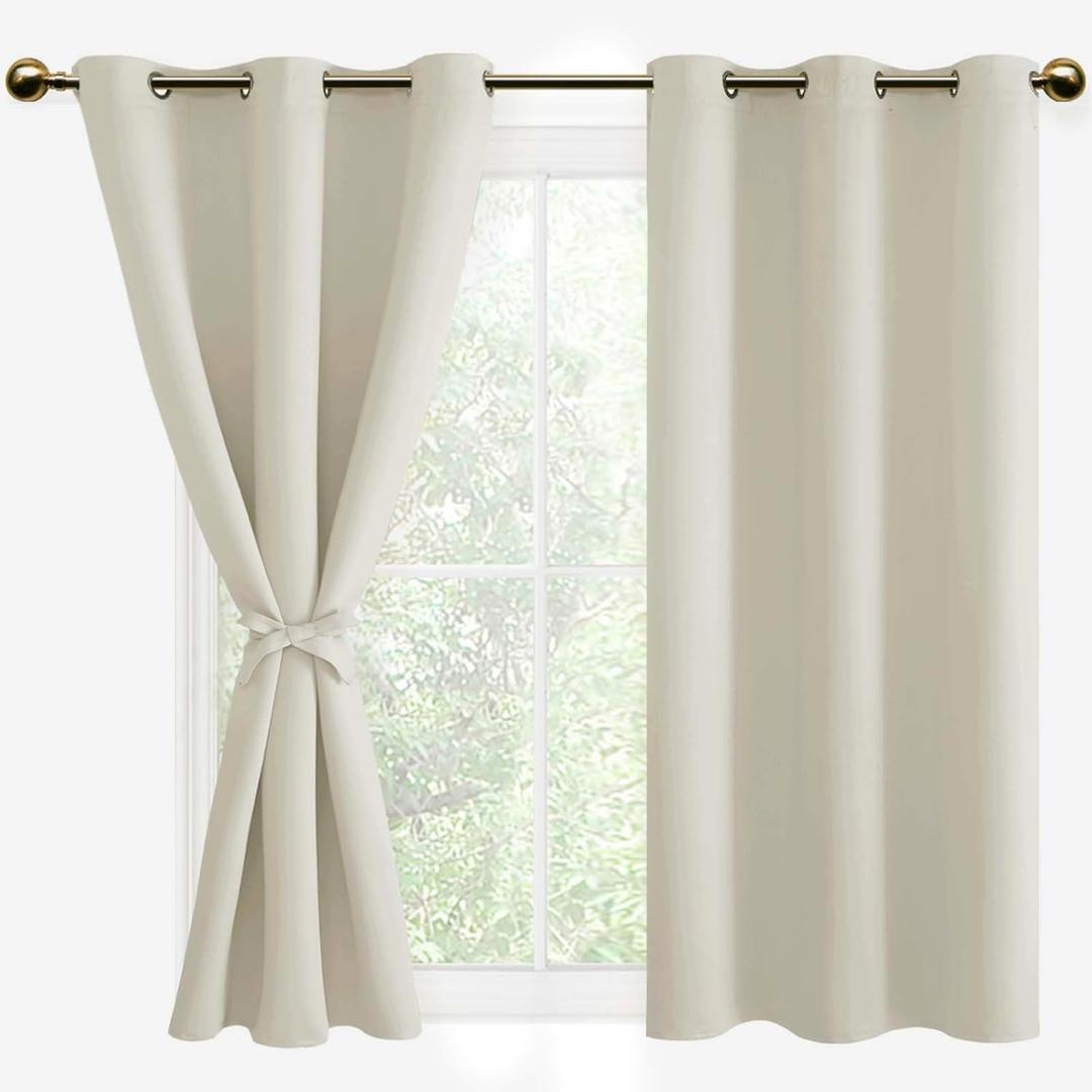 DWCN Blackout Curtains for Bedroom with Tiebacks - Room Darkening Privacy Grommet Top Window Curtains for Living Room, 42 x 54 inch Length, Ivory, Set of 2 Panels