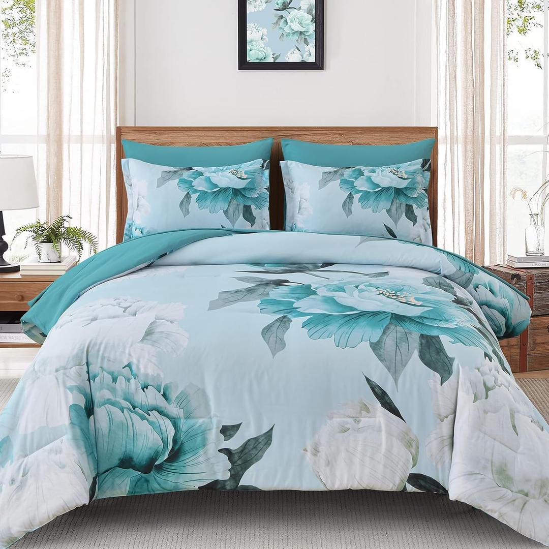 Dobuyly Floral Comforter Set Queen Size 7 Piece Bed in a Bag, Aqua Flowers Printed on Light Blue Comforter Set with Sheets, Soft Polyester Botanical Complete Bedding Set for All Season