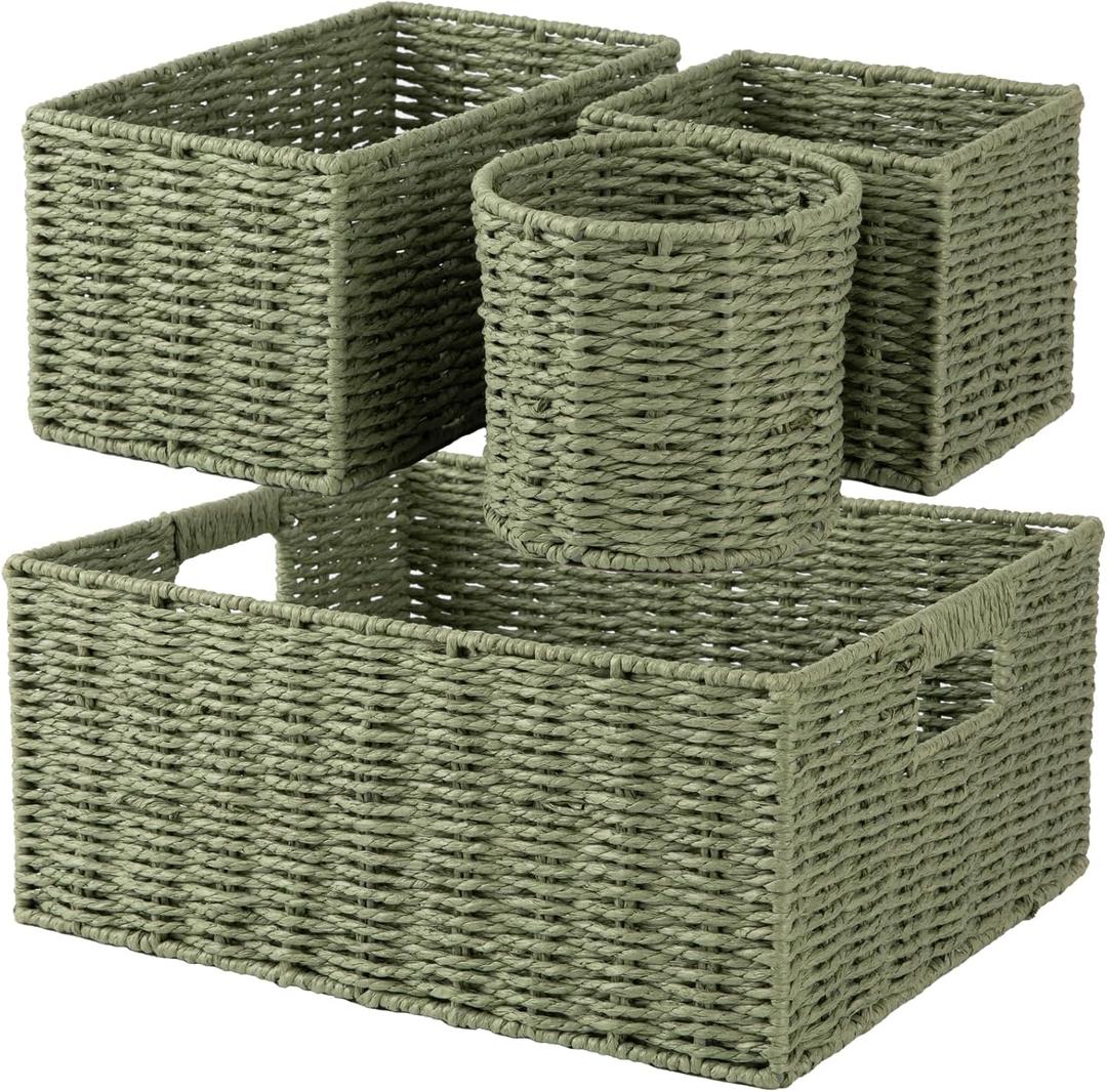 OIAHOMY Wicker Baskets for Organizing, Large and Small Shelf Baskets Set, Handwoven Bins for Storage,Paper Rope Home Organizers, Set of 4-Green
