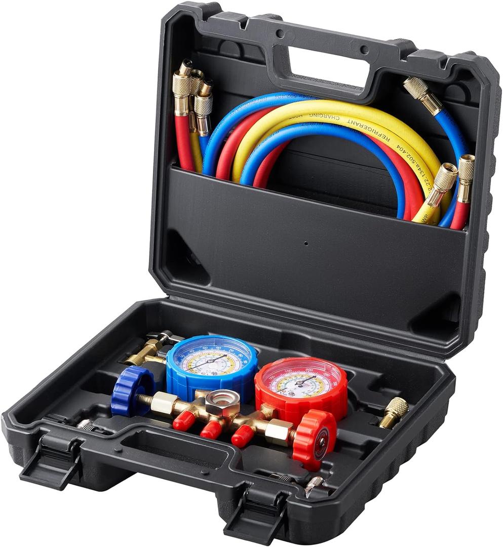 AC Gauge Set, 3-Way AC Manifold Gauge Set for R134A, R22, R12, R502 Refrigerants  Freon Gauges Include 5 ft Hoses, Couplers, and Can Tap for Car Auto Freon Charging and Evacuation