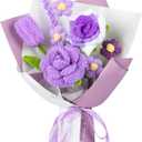 Crochet Flower Bouquet, Crochet Flowers Purple Tulip Rose Handmade Knitted Bouquet for Birthday Graduation Wedding Gift for Women Girlfriend Lover Wife Decor (Purple)