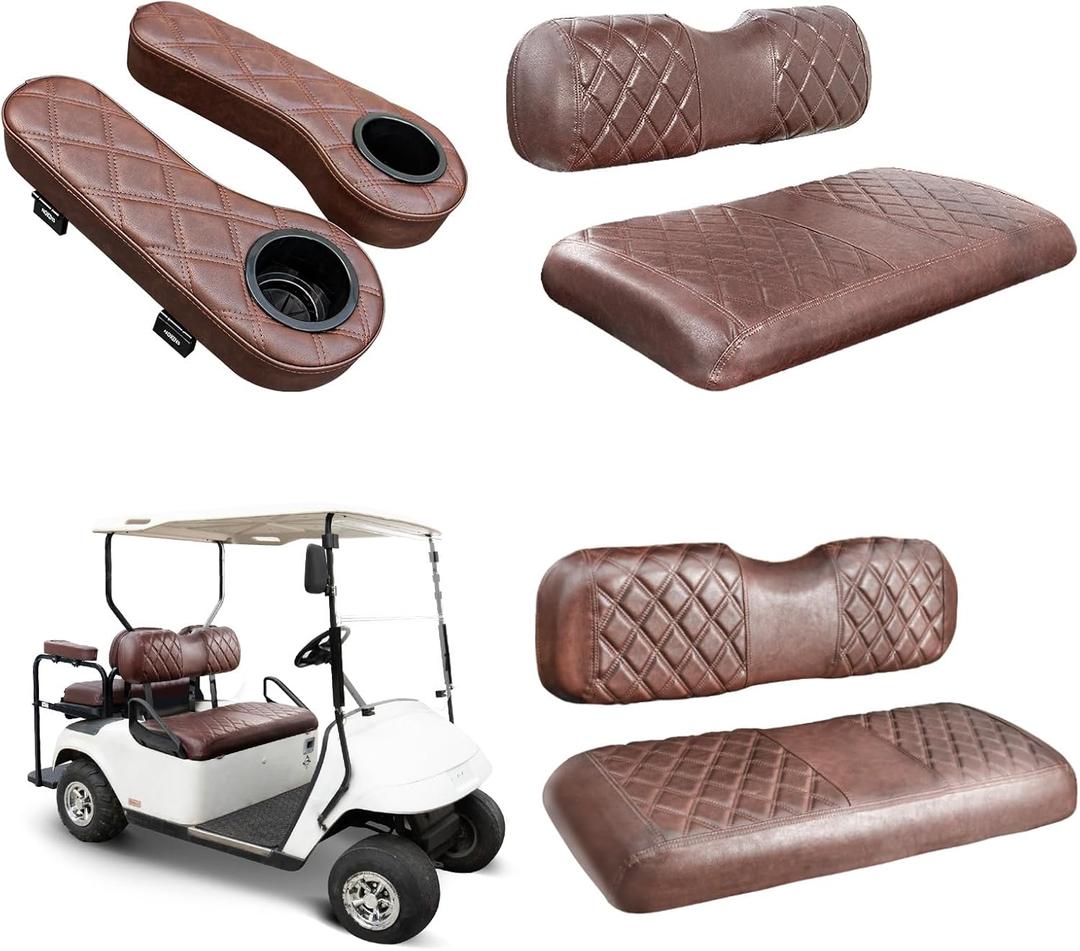 NOKINS Golf Cart Seat Covers for EZGO TXT 1994-2013/EZGO RXV, Vinyl Front&Rear Seat Cover with Flip-Up Armrests kit, with Cup Holder, for 1" Square Tube (Brown&Brown 8438)