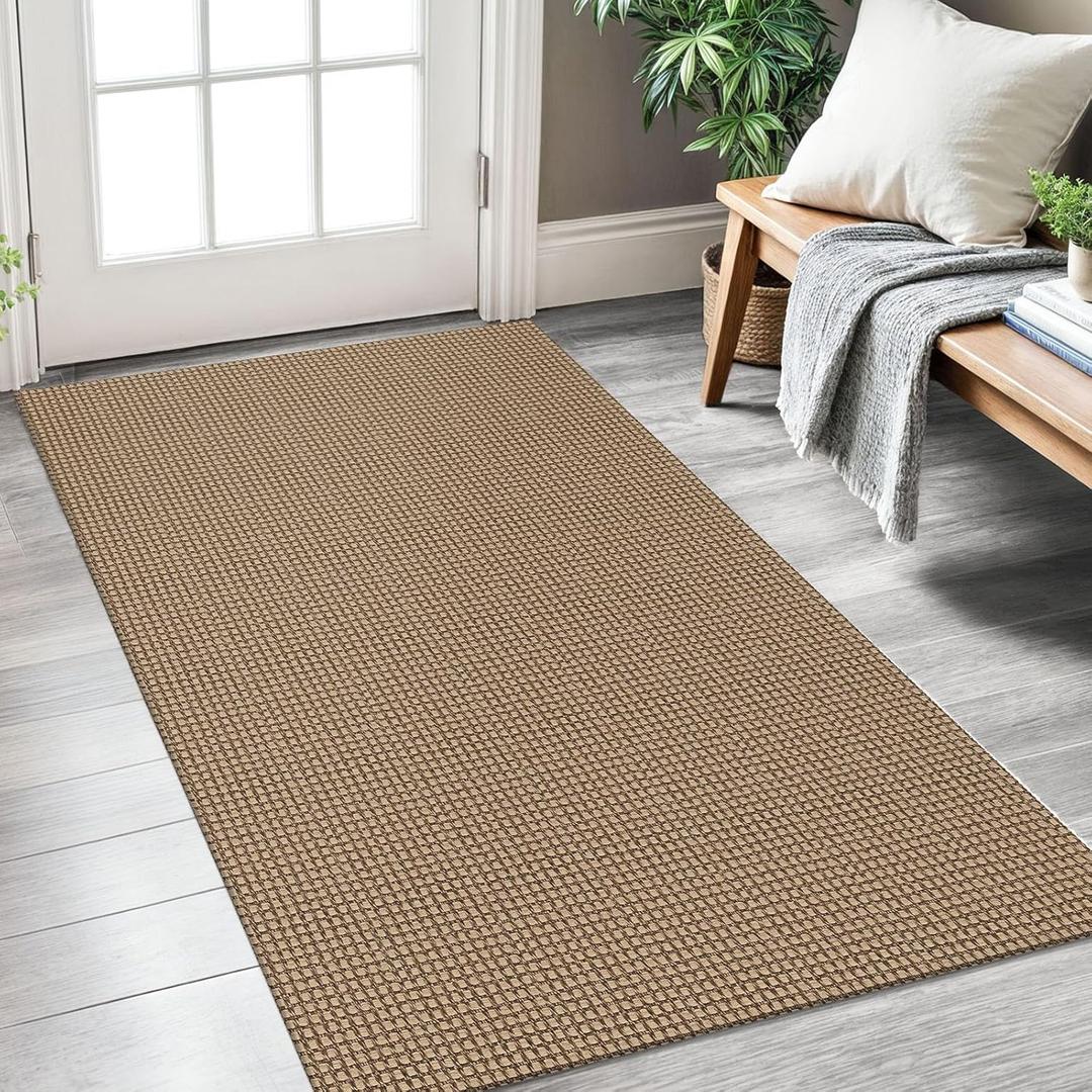 Brown Rugs for Entryway 2×5  ft Washable Area Rug Non Slip Rubber Backed Entry Rug Woven Indoor Door Mat Cotton Kitchen Rugs Floor Carpet for Entryway, Foyer, Backdoor, Tan