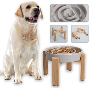 Elevated Slow Feeder Dog Bowl - Puzzle Maze Dish with Bamboo Stand - Raised Ceramic Food Bowl for Medium and Large Dogs - Grey - 8.8 inch (2.5 CUP)
