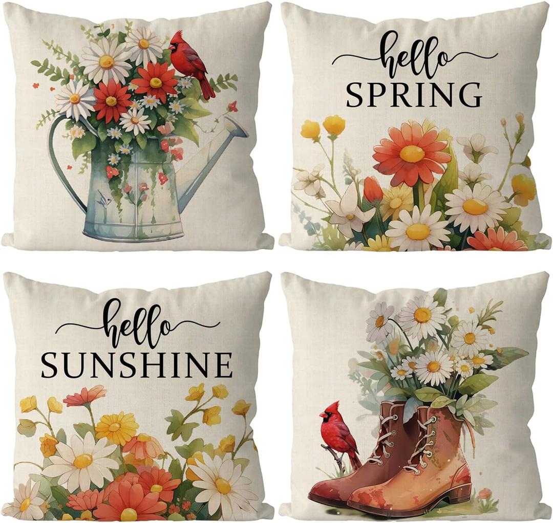 GAGEC Spring Pillow Covers 16x16 Inch Set of 4 Cardinal Floral Throw Pillowcase Hello Sunshine Home Sofa Bedroom Living Room Holiday Cushion Case Farmhouse Decorations