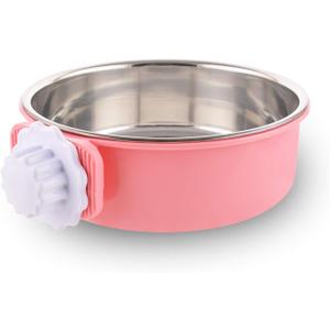 Crate Dog Bowl Removable Stainless Steel Water Food Feeder Bowls Cage Coop Cup for Cat Puppy Bird Pets (Large, Pink)
