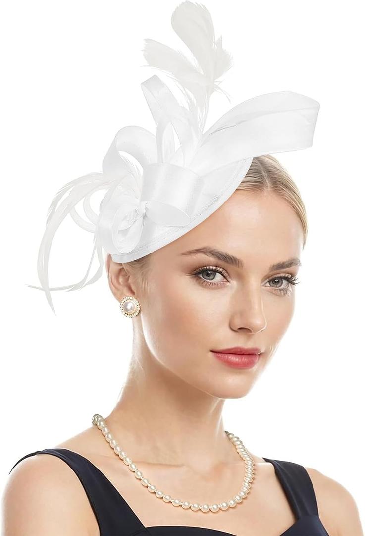 American Trends Fascinators for Women, Derby Tea Party Wedding Church Feather Hat with Headband & Hair Clip (White)