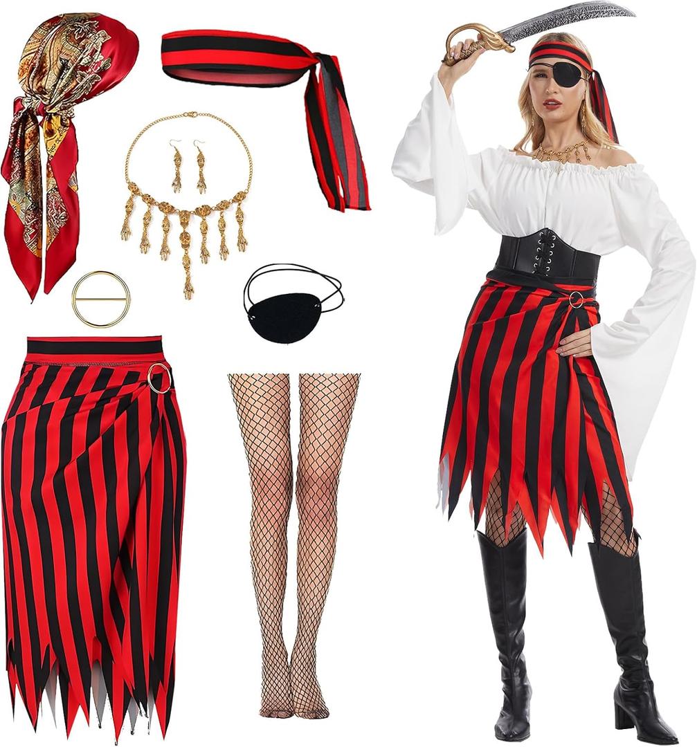 Women Pirate Costume Adult Pirate Skirt Set with Head Scarf Eye Patch Skeleton Necklace for Halloween Cosplay , 2XL