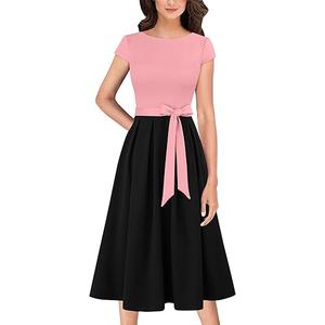 VFSHOW Womens 2025 Summer Work Business Midi Dresses Belted Pockets Office Slimming A-Line Fit and Flare Dress (Black and Pink, X-Large)