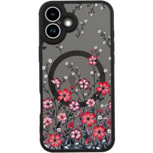 LUHOURI for iPhone 16 Case Cute - Wireless Charing Compatible,Trendy Floral Design for Women Girls,Military-Grade Shockproof Not-Slip Matte Phone Cover, Vibrant Red Wildflowers