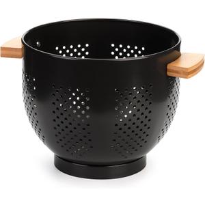 Dicunoy Large Metal Colander with Wood Handle, Deep Black Strainer for Pasta, Fruits, Kitchen Drain, Storage