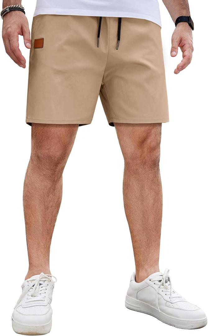 COOFANDY Men's Casual Cotton Shorts Summer Beach 5 Inch Shorts Lightweight Drawstring Elastic Waist Chino Golf Shorts (Large)
