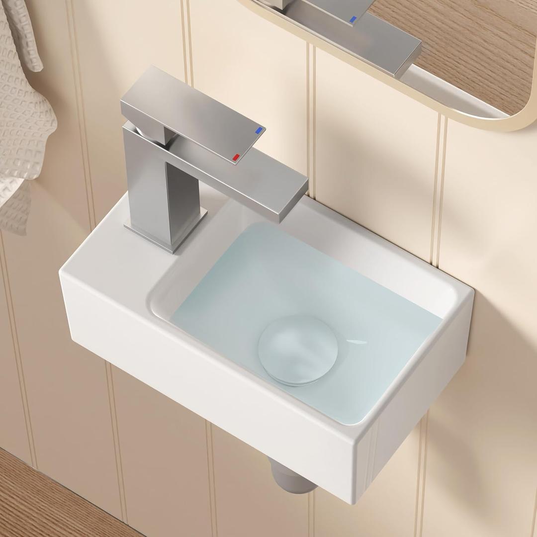 KES Floating Sink, Small Mini Vessel Sink Bathroom 12" X 7" for Tiny Bathrooms Wall Mount Sink Left Hand (Sink Only) White, BWS100L