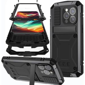 2 x Ninki Case for iPhone 15 Pro - Metal Case with Screen Protector, Shockproof Aluminium Silicone Body, Kickstand, Black