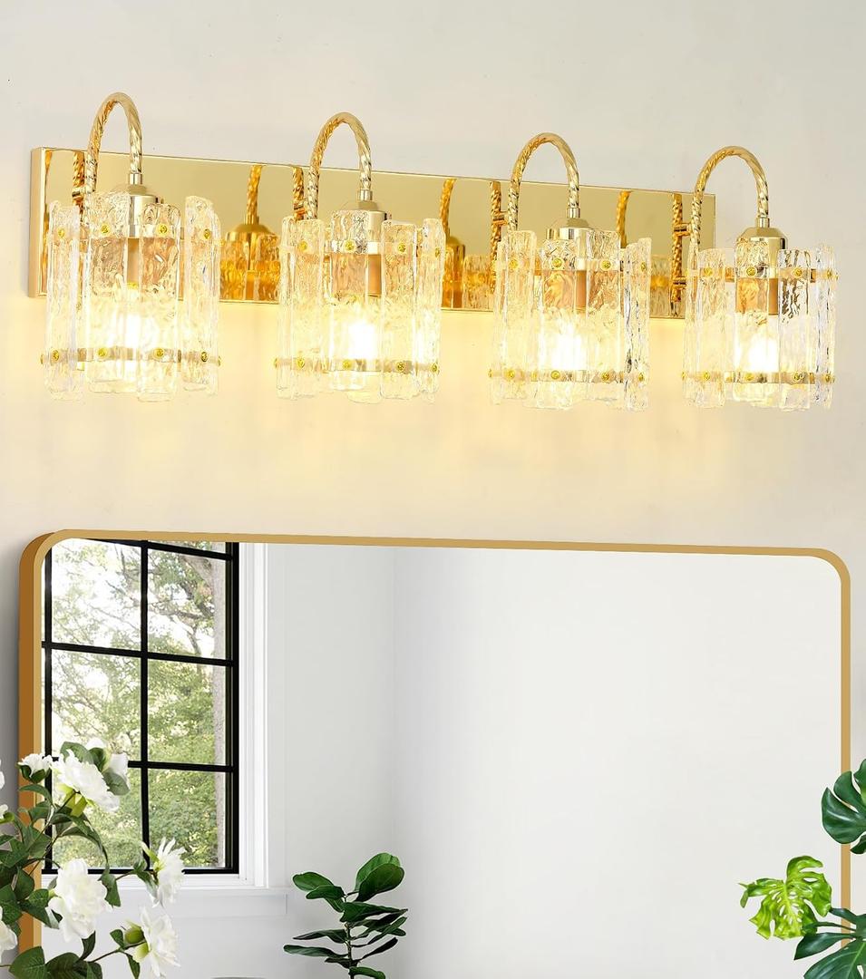 4 Light Bathroom Vanity Light, Gold Vanity Light with Glass Shade