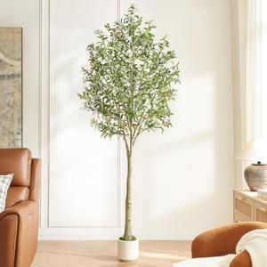 8FT Artificial Olive Tree Indoor with Pot - Realistic Wood Trunk & Fruits, Extra Large Faux Plant for Home Office Dcor, Tall Fake Olive Tree 8-Foot with Moss White Planter (8ft, White-96in)