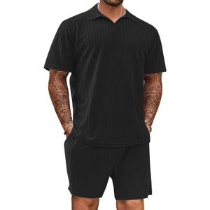 Mens 2 Piece Outfits Polo Shirt and Shorts Set Short Sleeve Tracksuits Casual Athletic Jogging Summer Outfits (X-Large, Black-1)