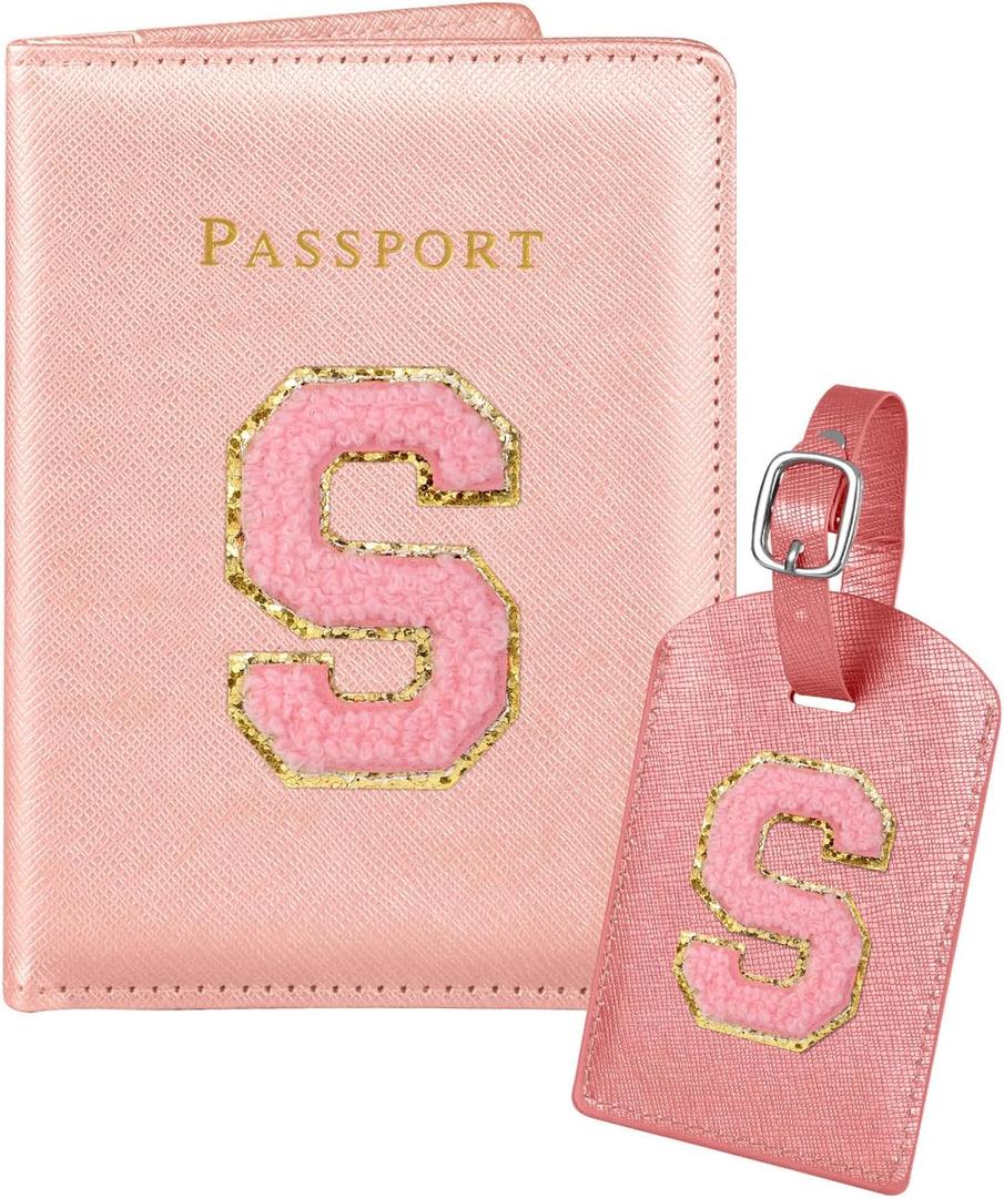 Slohif Passport Holder Initial Lugguage Tag Set Suitcase Cover Wallet Case for Travel Women - Leather Letter Passport Book Personalized Organizer Card Protector Sleeve Essentials Slim Carrier Red S (Pink)