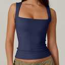QINSEN Women's Double Layer Tank Tops Square Neck Sleeveless Basic Tight T Shirts (Blue, XS)