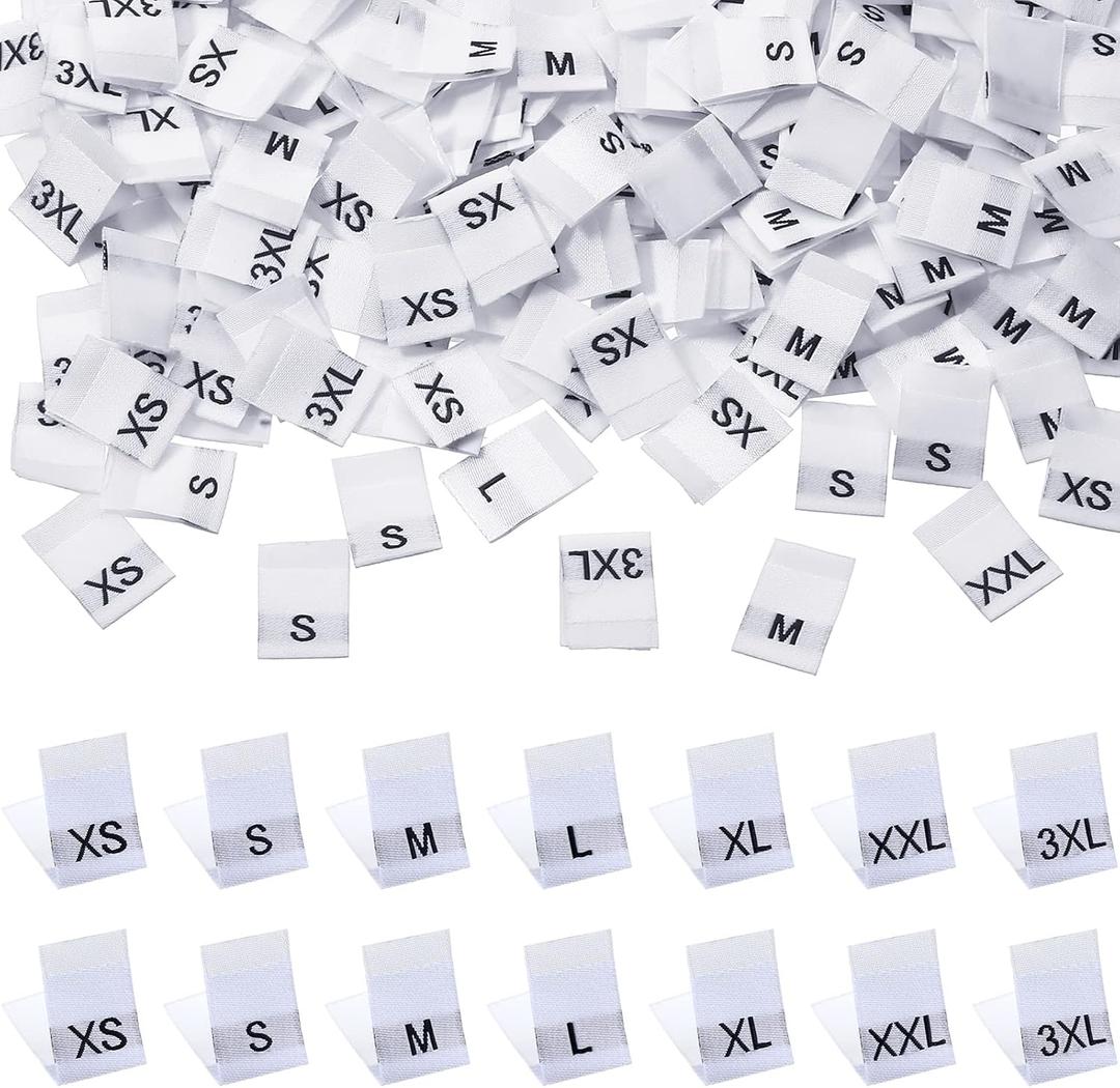 TecUnite 700 Pieces Clothing Size Tags Sewing Woven Garment Size Labels Mix Clothing Crafting Ribbons Tags Clothes Garment Fabric Embroidered Label, XS-3XL(White), 1.2 x 3.5 cm