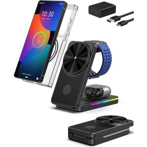 Magnetic Wireless Charger for Samsung Galaxy S26 Ultra, 3 in 1 Wireless Charging Station for Samsung Watch 8, Travel Foldable MagSafe Charger Stand for Android S25 Ultra/Z Fold/Z Flip 7, Buds 4 Pro (Black)