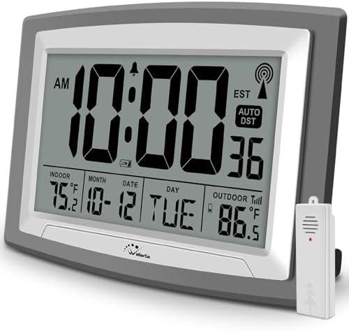 WallarGe Atomic Clock with Outdoor and Indoor Temperature - 12.5 Inch Self-Setting Digital Clock Large Display, Battery Operated Wall Clocks or Desk Clocks for Bedroom, Livingroom, Office, Grey