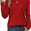 ATHMILE Womens Long Sleeve Shirts Pleated Crew Neck Casual Fall Fashion Ladie Tops Loose Fit Spring Basic Clothes Trendy (Red, M)