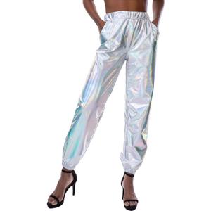 SIAEAMRG Womens Shiny Metallic High Waist Stretchy Jogger Pants, Wet Look Hip Hop Club Wear Holographic Trousers Sweatpant (X-Large, Silver)