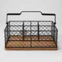 Wire Utensil Caddy with Handle Silverware Holder Wooden Base Flatware Picnic Cutlery Holder Organizer Wood Kitchen Counter for Cups Spoons Forks Plates Supplies Napkins