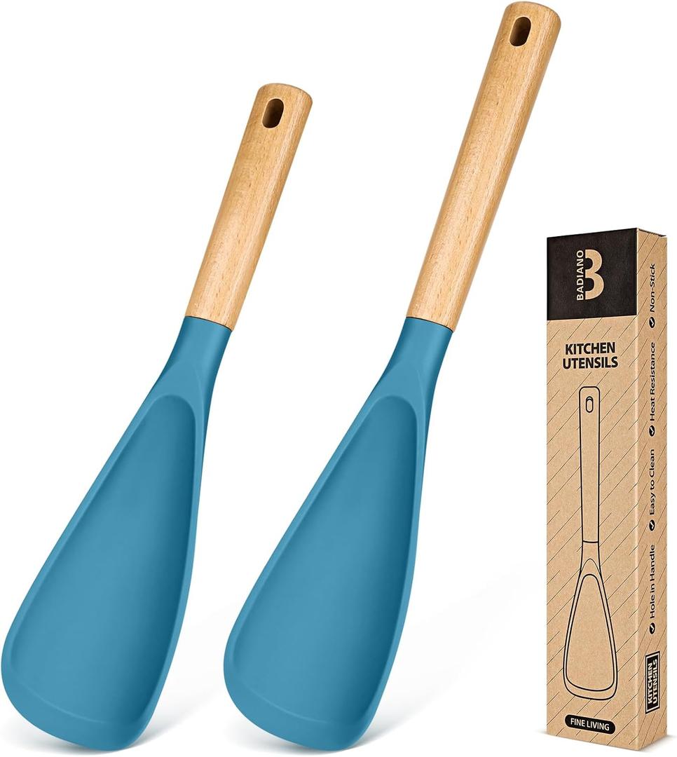 Multifunction Spoon for Nonstick Cookwares, Great for Cooking and Serving, Sturdy BPA-Free Matte Silicone, Wood Handle spoonula for Mixing, Scoop, and Scrape, Turquoise(2 pack,11.4" & 13.4")