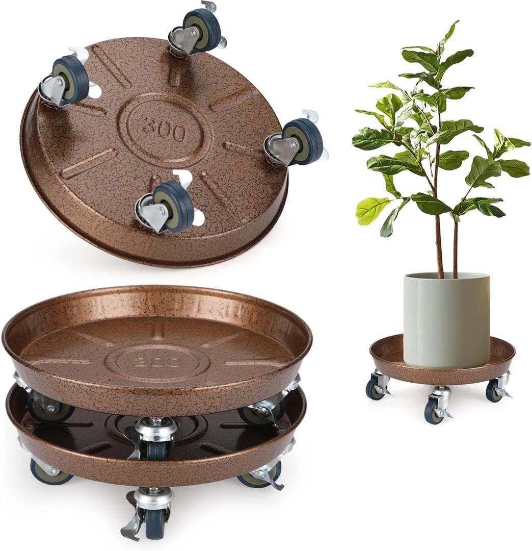 2 Pack Plant Caddy with Wheels, 12" Rolling Plant Stand 265 LBS Heavy Duty Metal Tray No Holes with Large Metal 360 Lockable Caster Wheels for Outdoor Indoor Large Plant Pots, Flower Pot, Patio