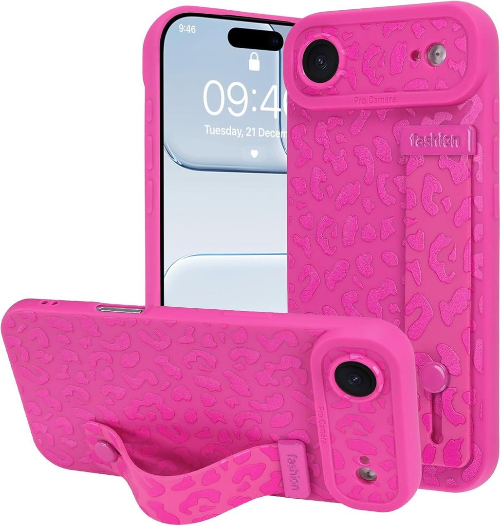 OOK Compatible with iPhone Air Leopard Case with Wrist Strap, Hot Pink Leopard TPU Shockproof Protection Slim Cover with Camera Protection for Women Girls, for 6.5inch