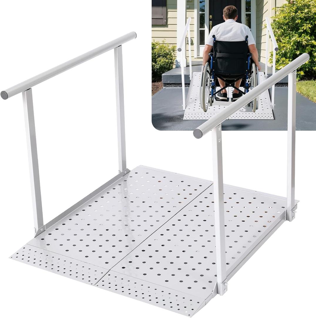 Folding Wheelchair Ramp with Handrails for Steps Heavy Duty Threshold Ramp 500lbs Capacity, Safe Door Portable Ramp with Handle for Home Entrance for Elderly, Walkers, Mobility Scooters