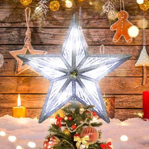 GLOWNOVA Star Christmas Tree Topper, 8 in UL Listed 3D Star Tree Topper Lights, Double Sided Christmas Tree-top with 10 LED White Lights for Xmas Tree New Year Home Decor, Silver