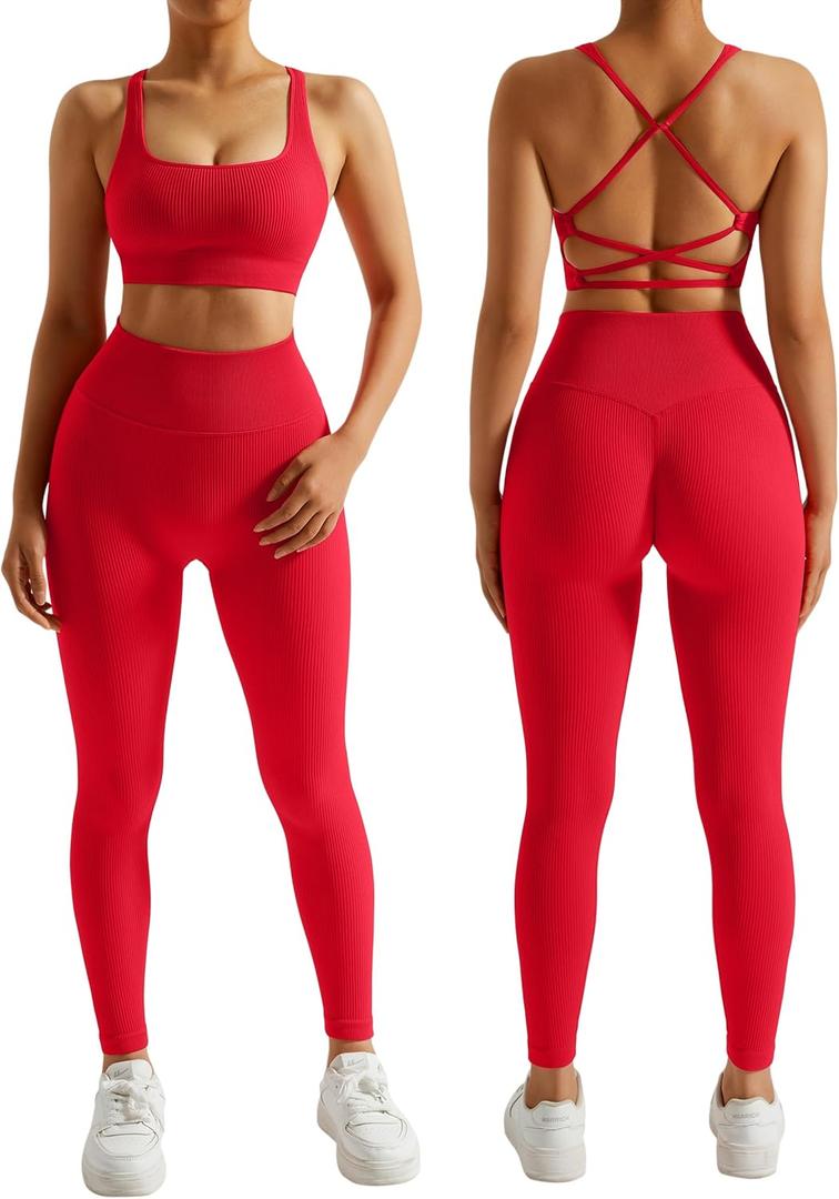 RXRXCOCO Ribbed Workout Sets for Women 2 Piece Backless Strappy Sports Bra Seamless Leggings Matching Set Yoga Outfits (Small, Red)