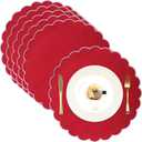 Set of 6 Round Placemats 15 Inch Cotton Scalloped Embroidery Placemat Washable Double Layered Rustic Dinner Table Mat Decor Fabric for Hotel Restaurant Kitchen(Red/White,Classic)