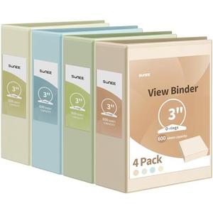 SUNEE 3 Ring Binder 3 Inch 4 Pack, Clear View Binder Three Ring PVC-Free (Fit 8.5x11 Inches) for School or Office Supplies, Neutral Aesthetic