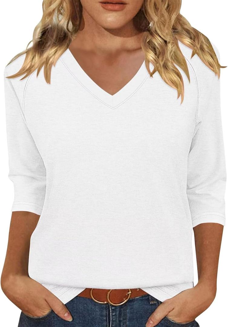 KISSMODA 3/4 Length Sleeve Shirts for Women Floral Business Shirts Tops Blouses Tops Loose Fit T-Shirts (X-Large)