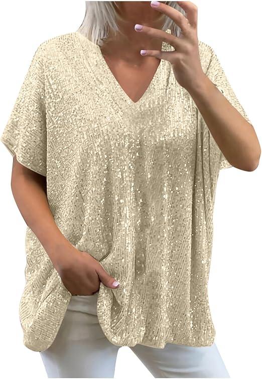 Women's Sparkly Sequin Tops Short Sleeve, Medium