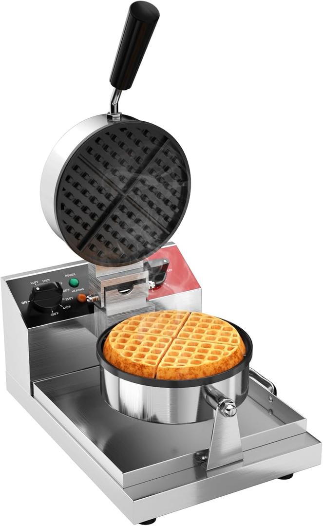 CROSSON Commercial Waffle Maker,Professional Round Belgian Waffle Maker Non-Stick Plate Machine with Temp and Time Control for Home Kitchen, Restaurant Bakeries Kitchen 120V/1300W
