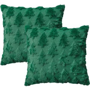 AVOIN colorlife Christmas Tree Green Throw Pillow Covers Set of 2, 16 x 16 Inch Soft Plush Faux Fur Jacquard Festivals Winter Cushion Case Decoration for Sofa Couch