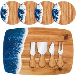 Patelai 9 Pcs Ocean Resin Cutting Board Set with 4 Cheese Knives and 4 Coasters for Wedding Housewarming Gifts, Blue White Wave Pattern Charcuterie Board Kitchen Meal Prep Serving Versatile Cheese